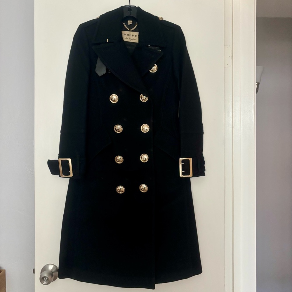 Burberry Black Military Wool Coat with Gold Buttons size US2